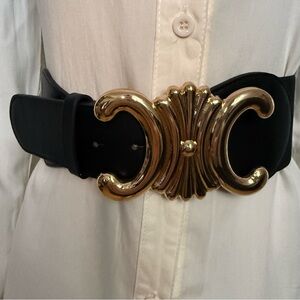 Black PU leather elastic waistband belt with gold tone buckle